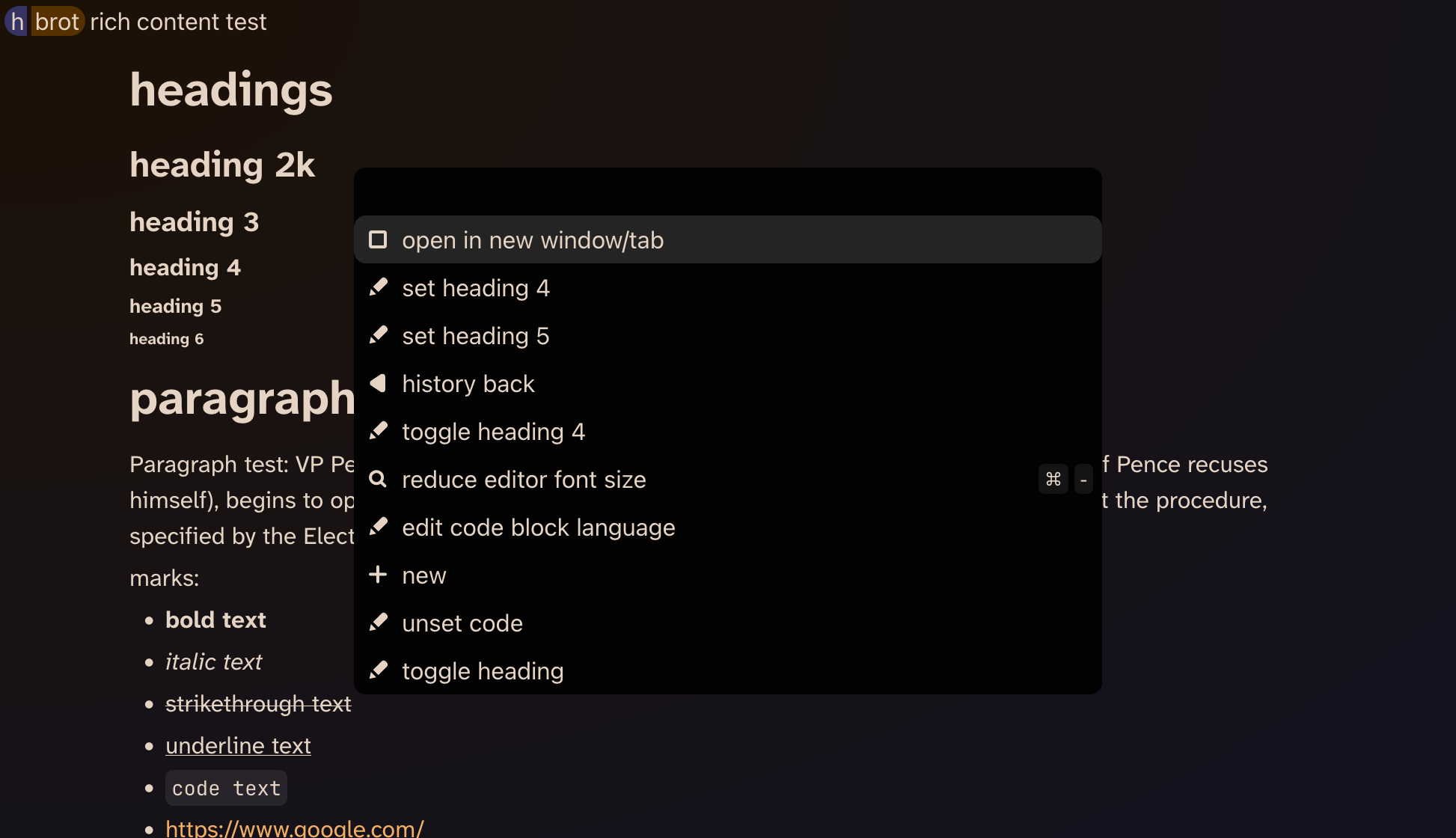Screenshot of brot app displaying richly formatted text and a command palette