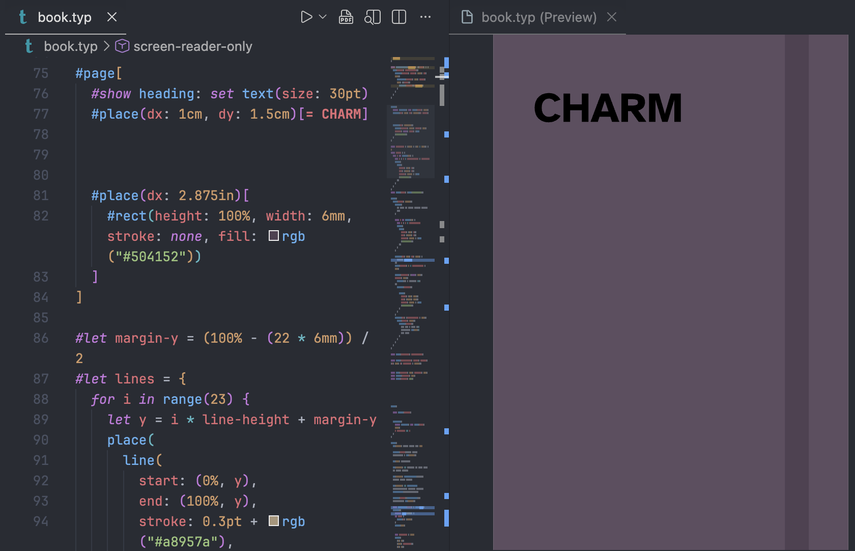 Screenshot of Typst source next to the front page of the diplomatic edition of Clairo's charm notebook.