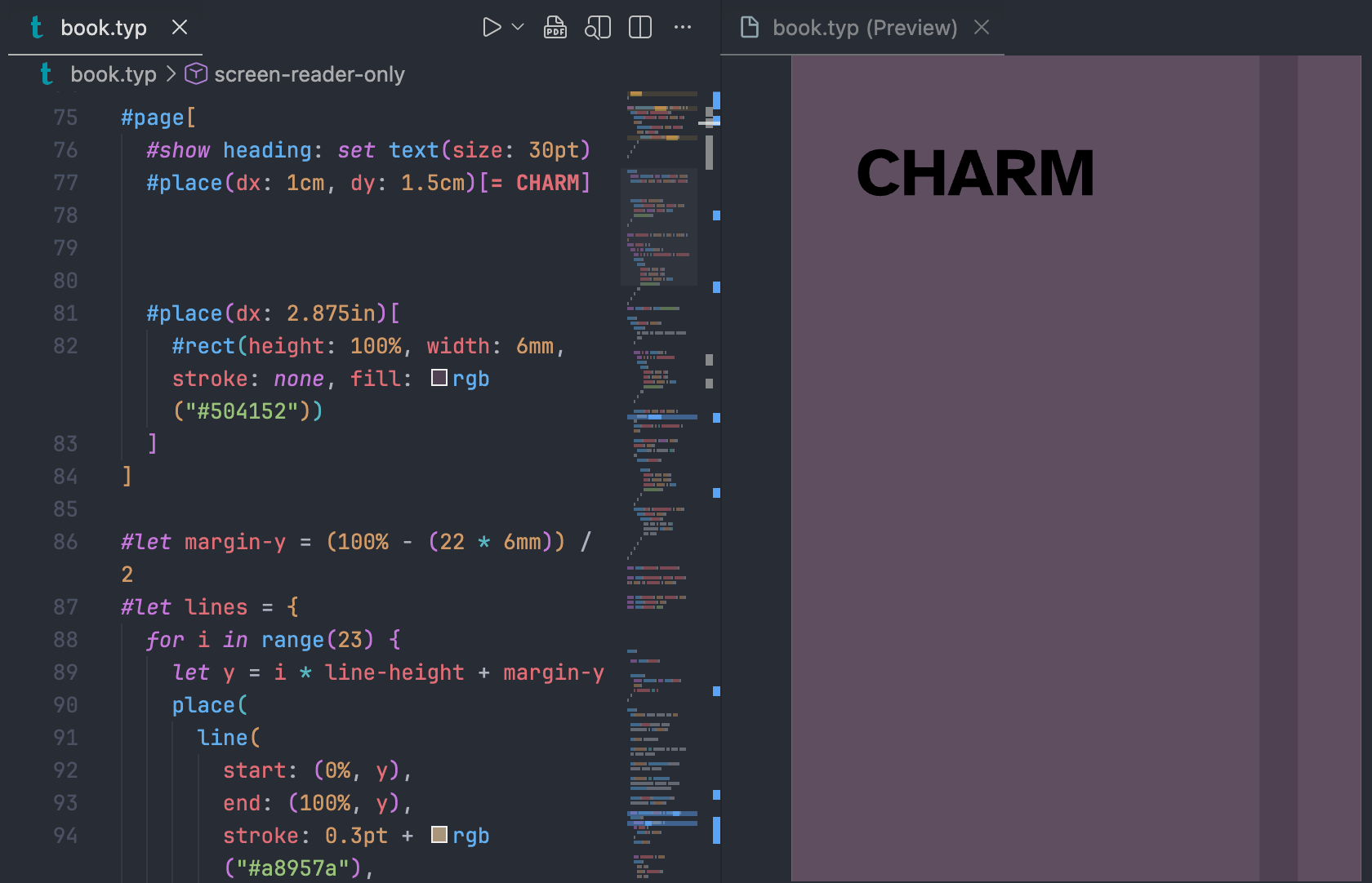 Screenshot of Typst source next to the front page of the diplomatic edition of Clairo's charm notebook.
