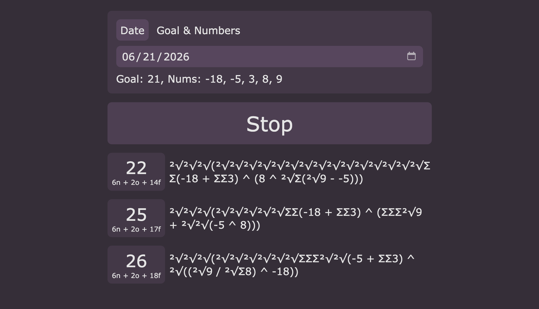Screenshot of date-o displaying solutions for the date 6/21/2026