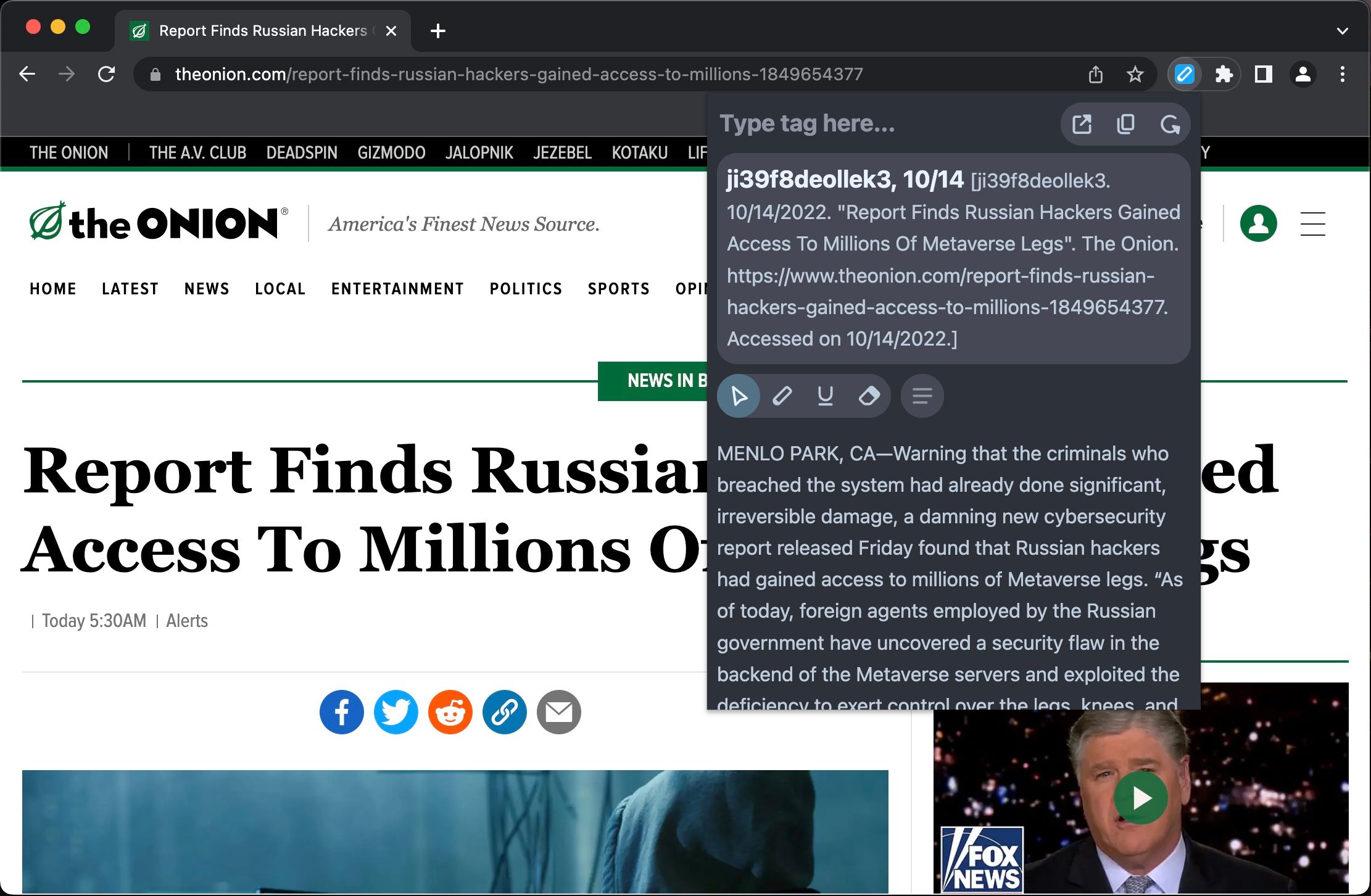Screenshot of evidencer being used on Onion writing