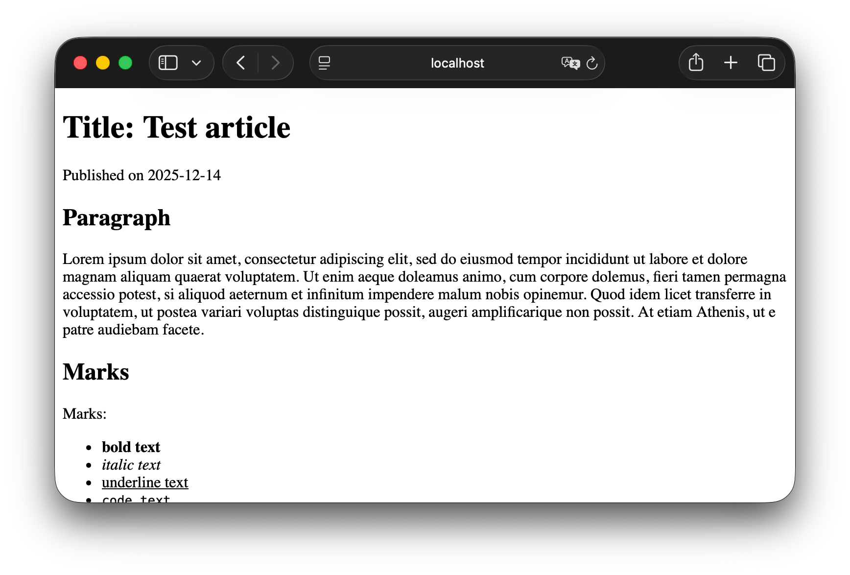 Screenshot of rendered blog post, with the title and date displayed at the top, followed by sample headings, paragraphs, and lists.