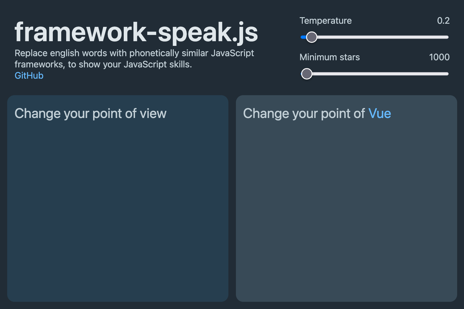Screenshot of framework speak with the text 'Change your point of view' on the left and 'Change your point of Vue' on the right.