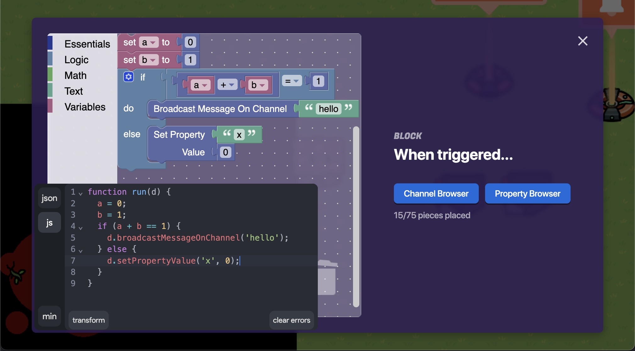Screenshot of Gimkit block converter converting javascript to equivalent Gimkit blocks