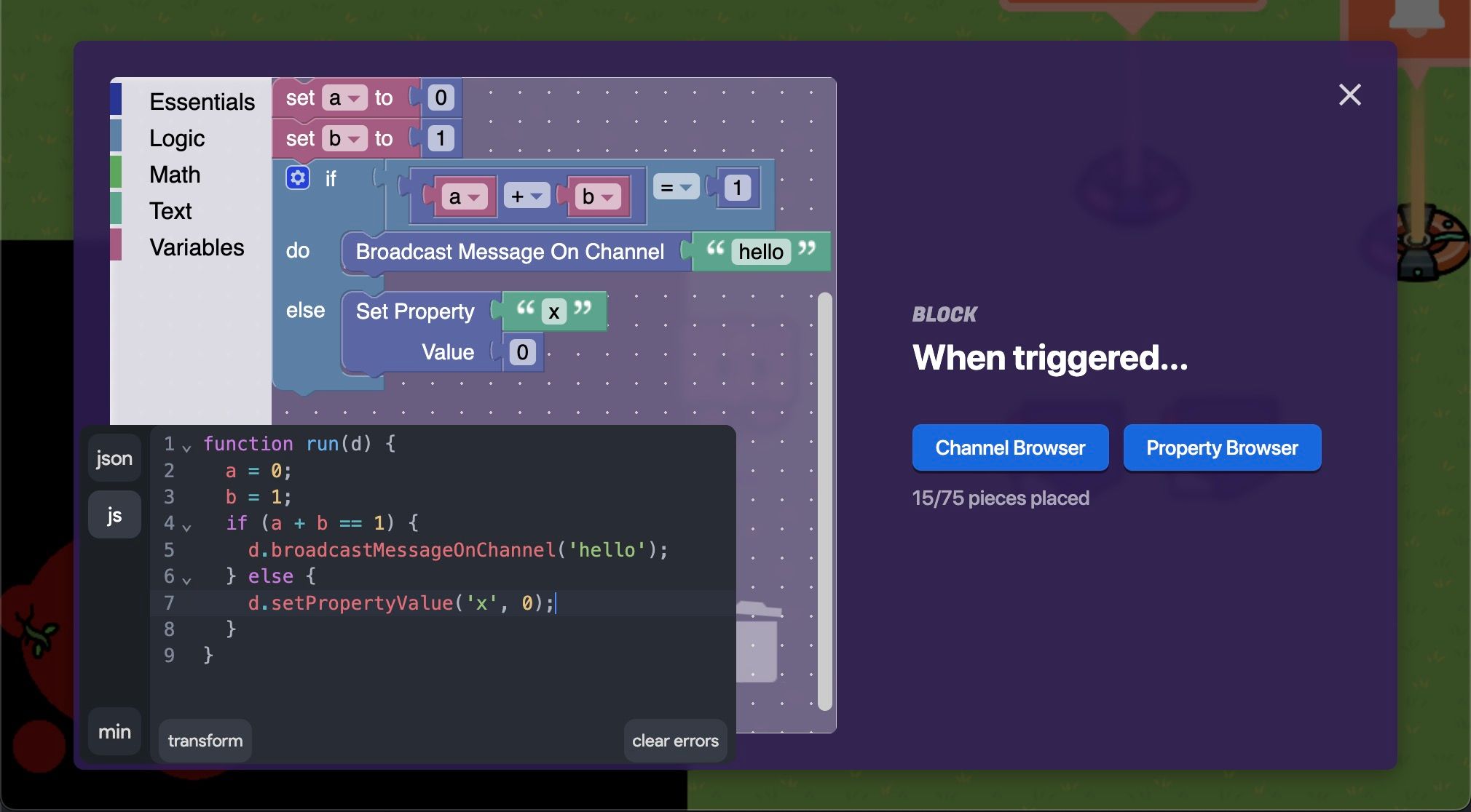 Screenshot of Gimkit block converter converting javascript to equivalent Gimkit blocks
