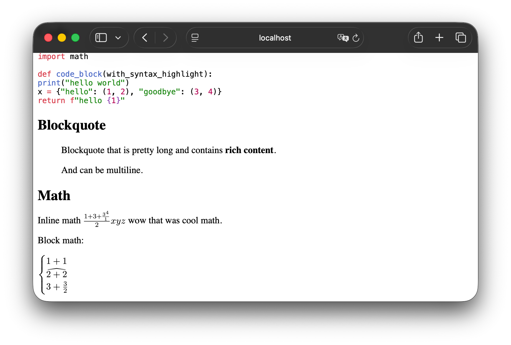 Screenshot of rendered blog post, with math section containing inline and block equations.