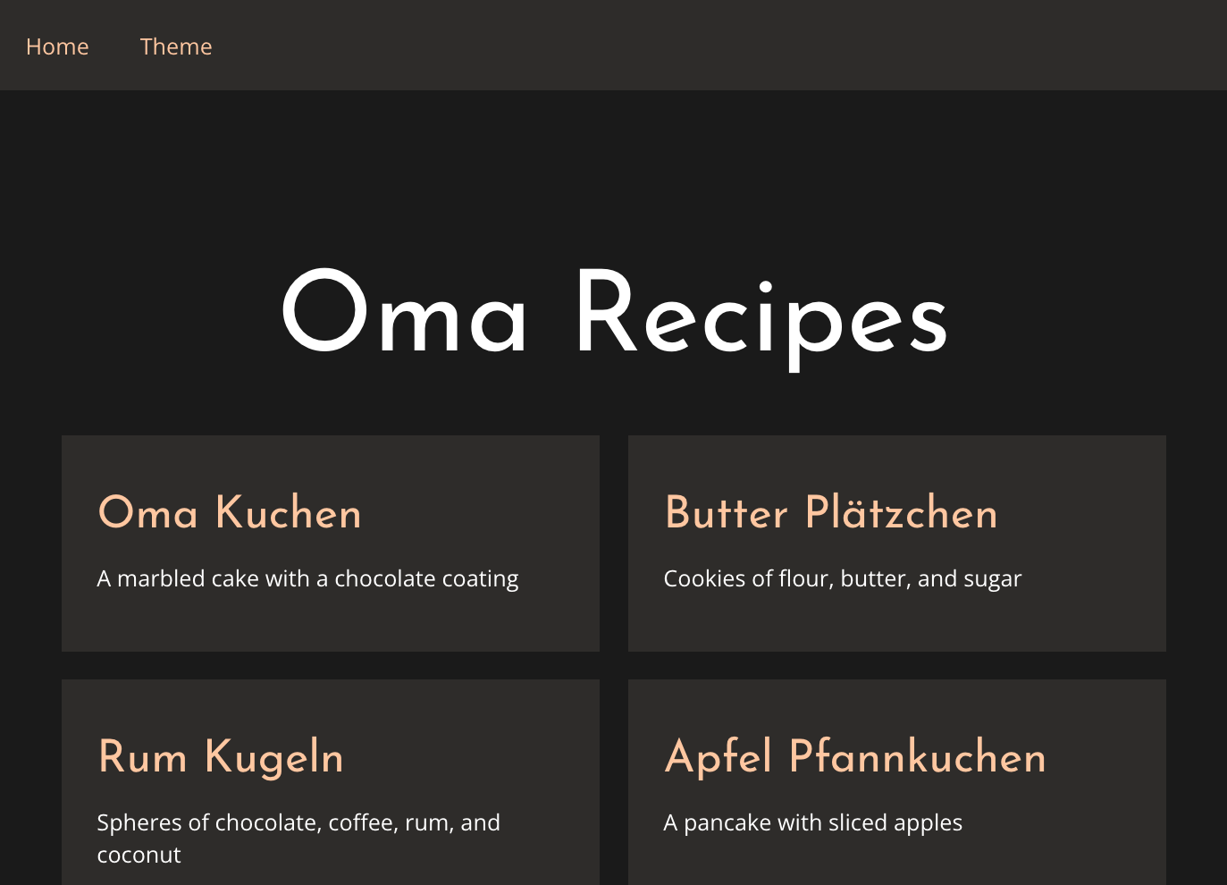 Screenshot of Oma Recipes home page showing title and 4 recipe cards.