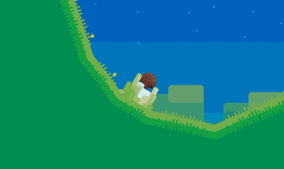 Gif of game Rolly being played, with the rolly character jumping accross grass hills, rocks, and water