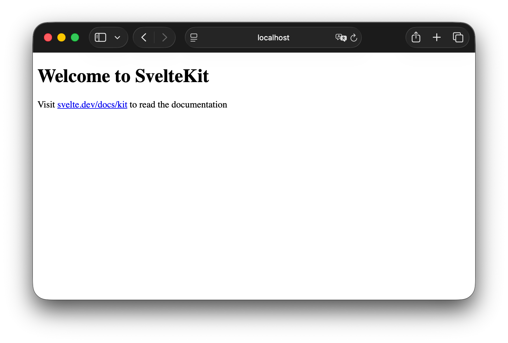 Screenshot of rendered SvelteKit starter project, with simple 'Welcome to SvelteKit' header.