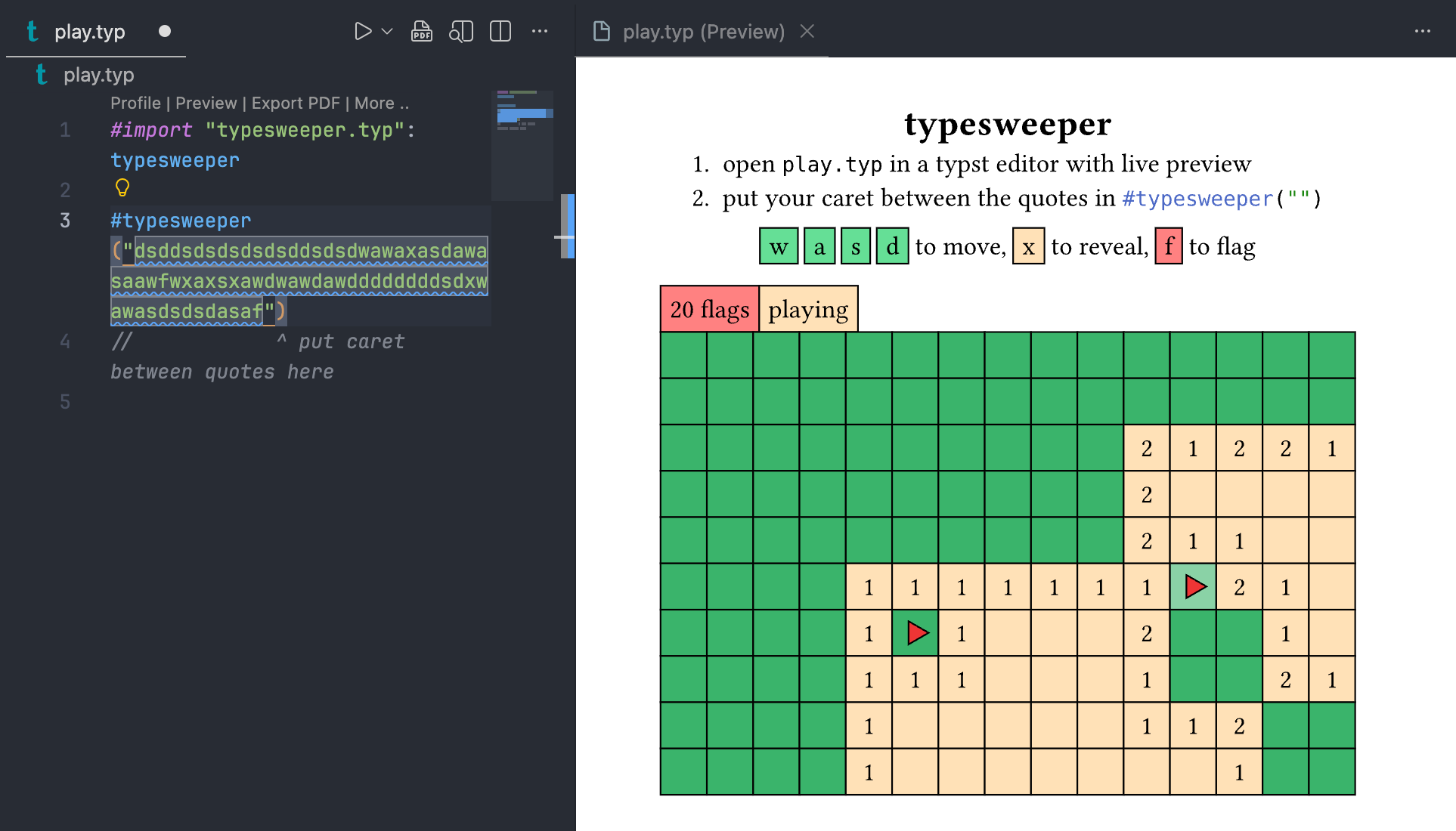 Screenshot of typst source code being edited on the left to control minesweeper game on the right